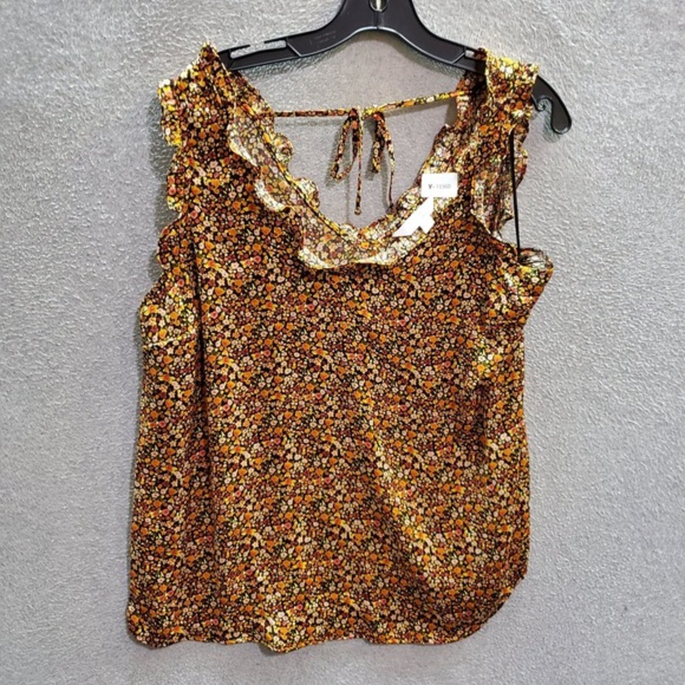 Lauren Conrad Women Top Large Orange Floral Blouse Ruffle Sleeveless Pullover
